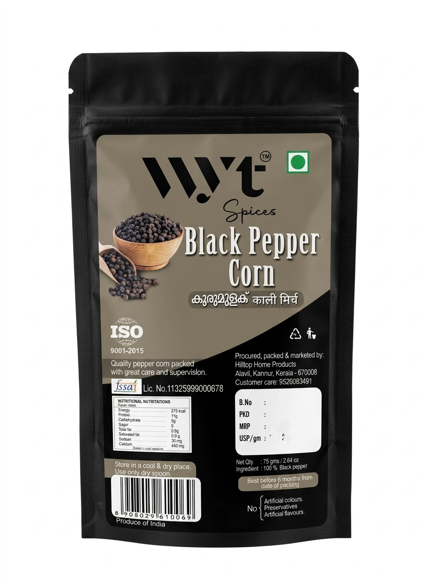 BLACK PEPPER CORN / WHOLE 225 GMS (75 GRAMS PACK OF 3)